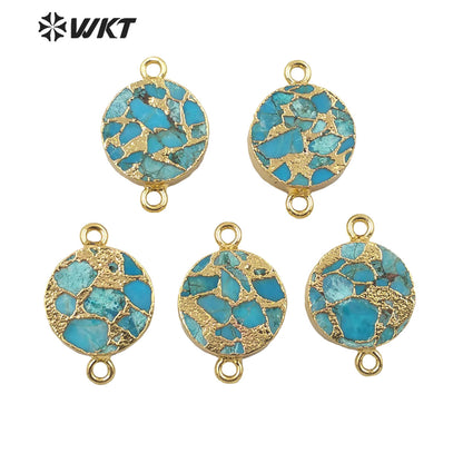 WT-C300 WKT Newest Natural Copper Turquoise Stone Connectors for Jewelry Bracelet and Necklace Double Loops Round Stone Pendant