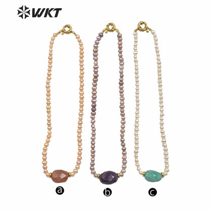 WT-JN120 WKT Gorgeous Women Natural Freshwater Pearl Choker Necklace 6mm Irregular Pearl Beads Choker Necklace With Theme Stone