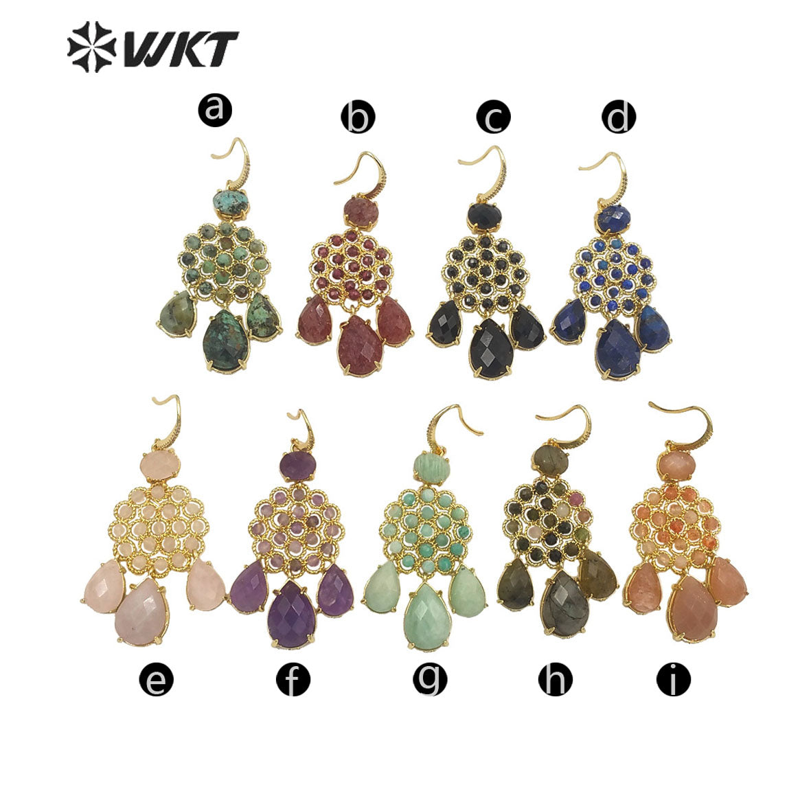 WT-E712 WKT Newest Precious Natural Gemstone Teardrop Earrings Labradorite Amethyst Stone Earrings for Party Gold Drop Earrings
