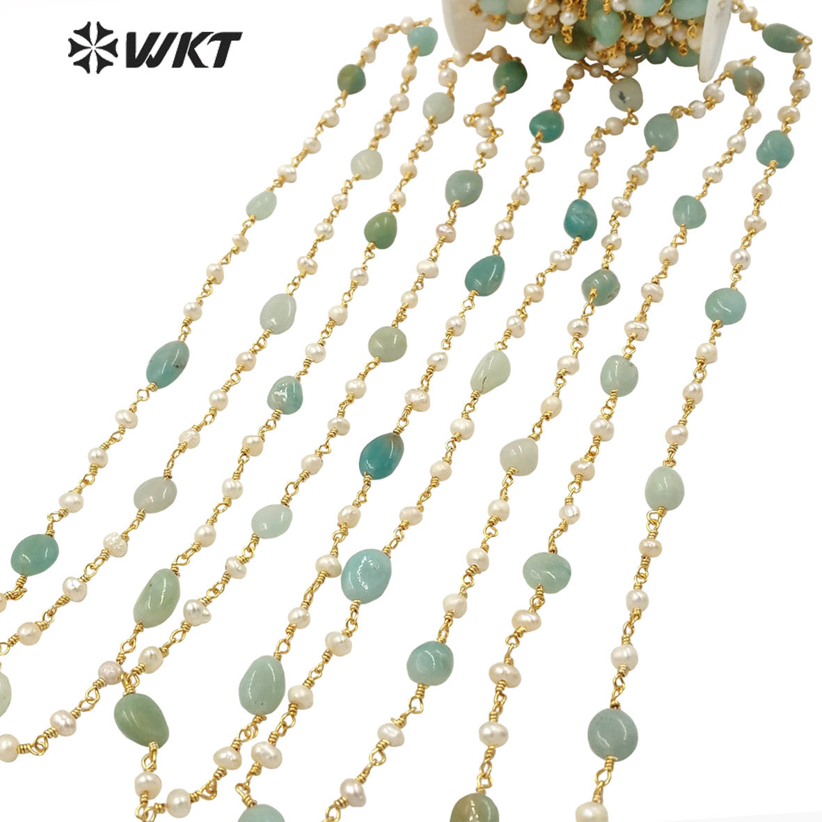 WT-RBC170 Gorgeous Natural amazon Stone Beads Chain with Pearl Mix Elegant Lady Jewelry DIY Necklace Chain for Design Wire Chain