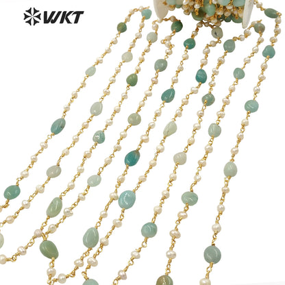 WT-RBC170 Gorgeous Natural amazon Stone Beads Chain with Pearl Mix Elegant Lady Jewelry DIY Necklace Chain for Design Wire Chain