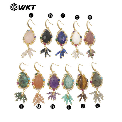 WT-ME107 WKT New Design Most Popular Handmade Wire Wrapped Tiny Beads Dangle Drop Stone Earring With Hoop Gold Party Studs