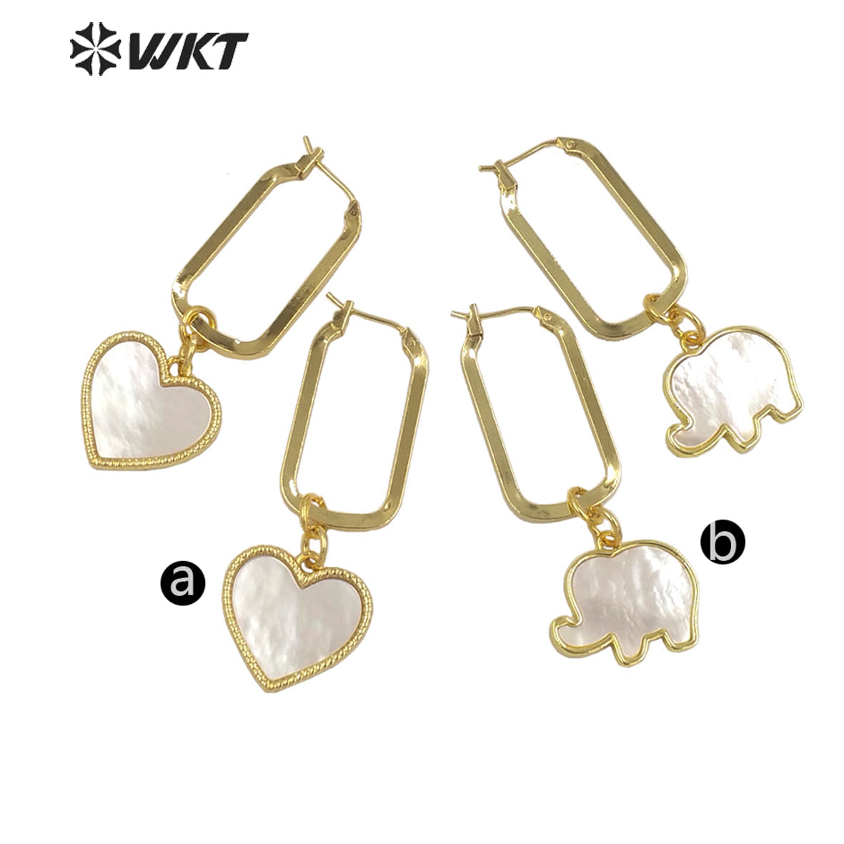 WT-MPE084 Newest Fashion White Mother of Pearl Lovely Elephant Earrings 18k Gold Plated Shell Heart Charm Earrings