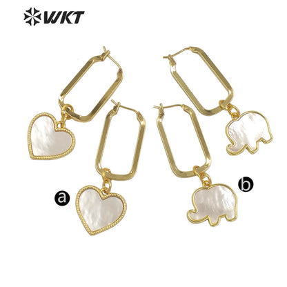 WT-MPE084 Newest Fashion White Mother of Pearl Lovely Elephant Earrings 18k Gold Plated Shell Heart Charm Earrings