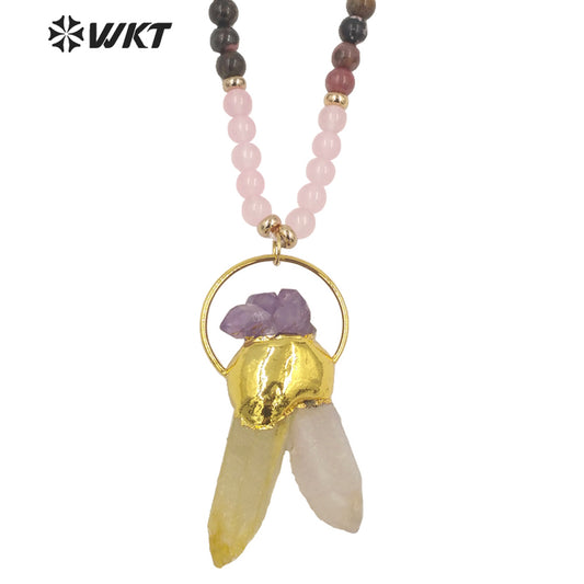 WT-N1340 WKT Natural Special Irregular Cluster Quartz Pendant Necklace With Colored Beads Big Wedding Party Necklace Jewelry