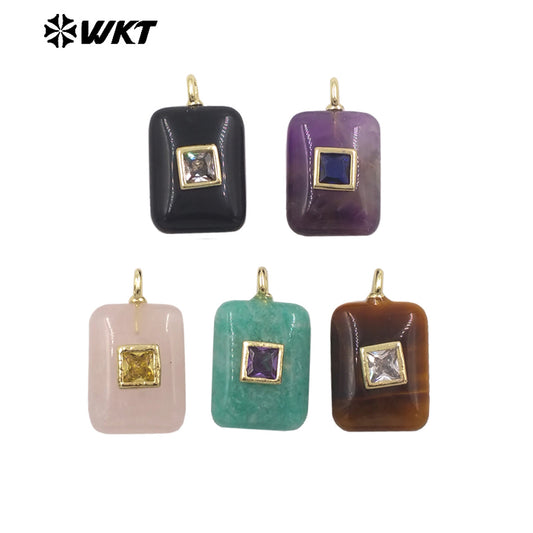 WT-P2020 Cute Wonderful Setting In Colorful Square Zircon Natural Gemstones Pendant For Women Necklace Making Accessory