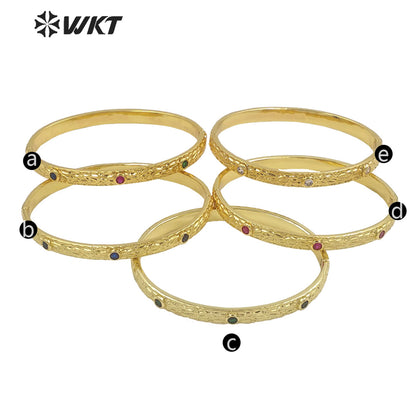 WT-B619 New 18K Real Gold Plated Resist Tarnishable Cubic Zircon Round Cuff Bangle for Women Dubai Hot Metal Bangle