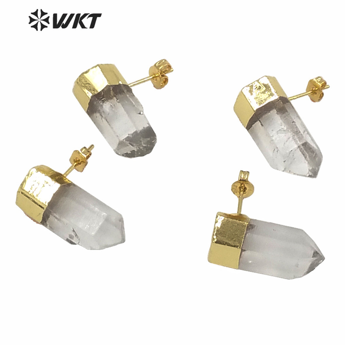 WT-E640 New Design Women Natural clear Crystal Quartz Earring Studs Fashion 18k Gold Plated Bullet Shape Quartz Studs