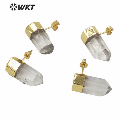 WT-E640 New Design Women Natural clear Crystal Quartz Earring Studs Fashion 18k Gold Plated Bullet Shape Quartz Studs