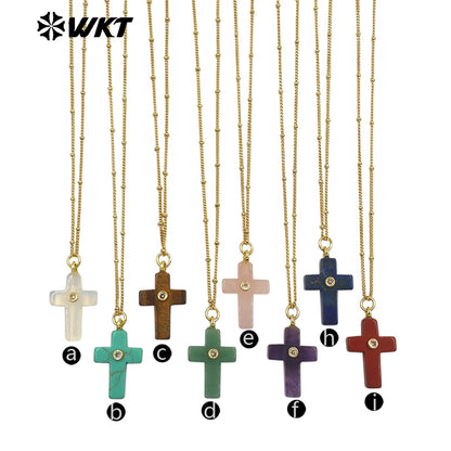 WT-N1533 Popular Sale Gold Chain With Colorful Natural Gemstones Cross Shape Charms Necklaces As Women Daily Wearing Jewelry