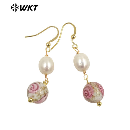 WT-MPE098 Latest Style Colour Glaze & Freshwater Pearl Natural Rose 18k Gold Plated Gift Weeding Romantic Pendant Earrings
