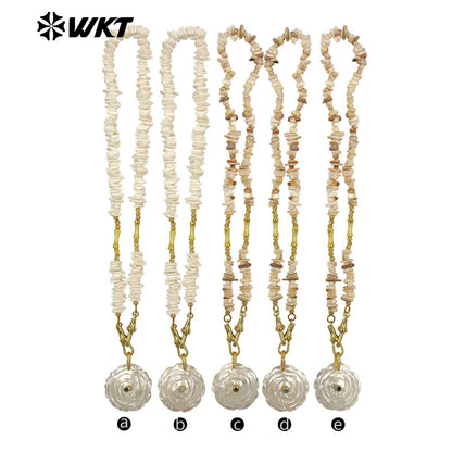 WT-JN380 Wonderful Crushed Stone Splicing Metal Chain With Natural Shell Zircon Flower Pendant Necklace For Fashion Matching