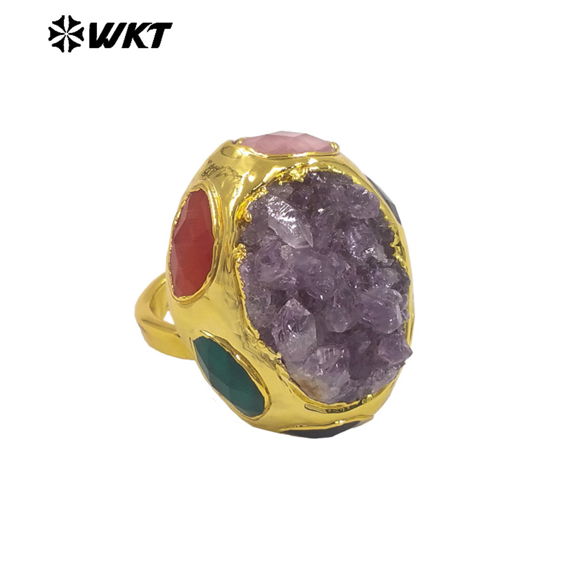 WT-R605 Exclusive Design 18K Gold Electroplated Natural Raw Amethyst And Stones Rings As Female Vintage Jewelry Accessory