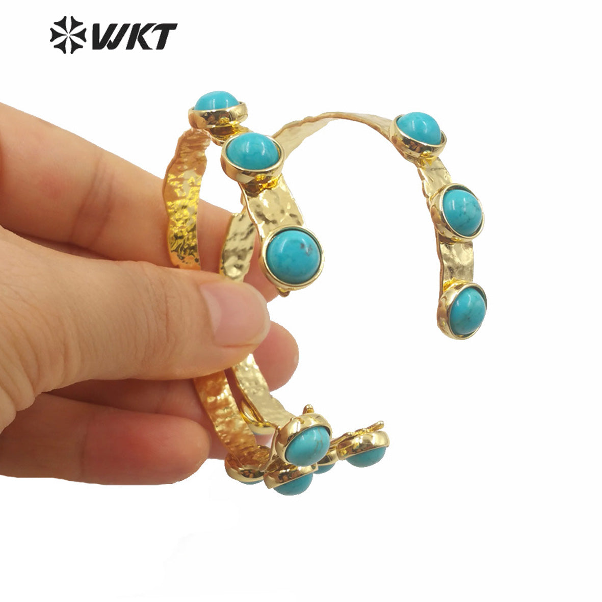 WT-B552 Hot Natural Turquoise Cuff Bangle Gold Electroplated No Fade Elegant Stone Bangle Boho Casual Vintage Bangle