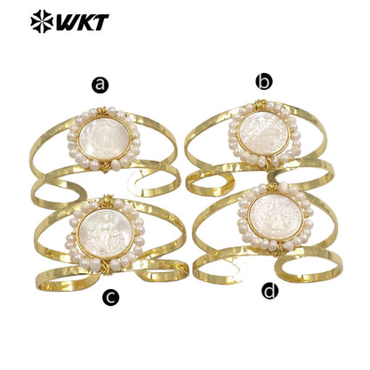 MPB132 Wholesale Religious Gold Plated Double Layers Hand Carved Shell And Pearl Adjustable Bangles As Ladies Party Present