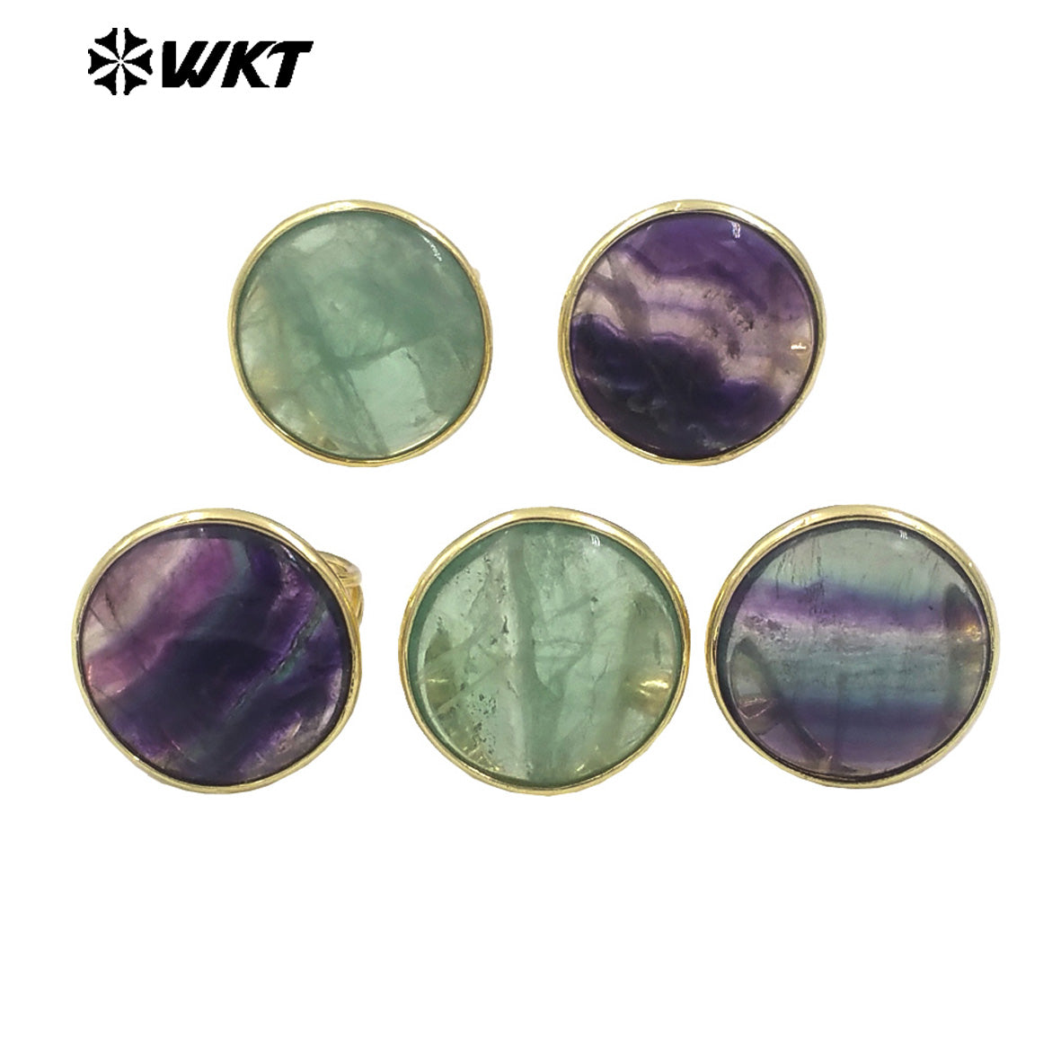 WT-R511 Newest Rainbow Fashion Gold Plated Big Round Fluorite Stone Annevisary Ring for Women