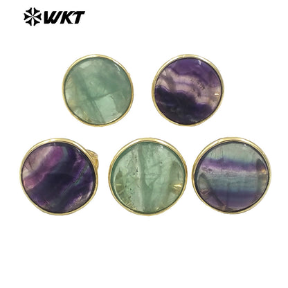 WT-R511 Newest Rainbow Fashion Gold Plated Big Round Fluorite Stone Annevisary Ring for Women