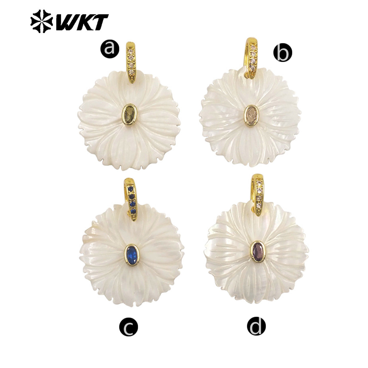 WT-JP481 Classic Design Colorful Zircon And White Shell Hand Carved Round Gold Pendant For Necklace Jewelry Making Accessory