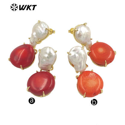 WT-MPE096 Wholesale Fashion Gold Plated Claw Setting Coral Pearl Earrings Women Trendy Boho Pearl Studs for Friend Gift