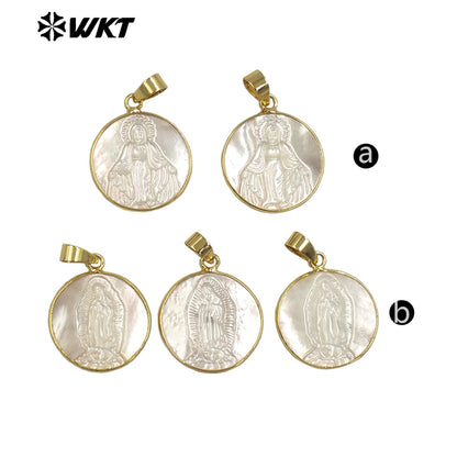 WT-JP042 New Arrival White Shell Virgin Mary Jesus Christ Pattern Round Metal Electroplated for Women Jewelry Shape Pendants