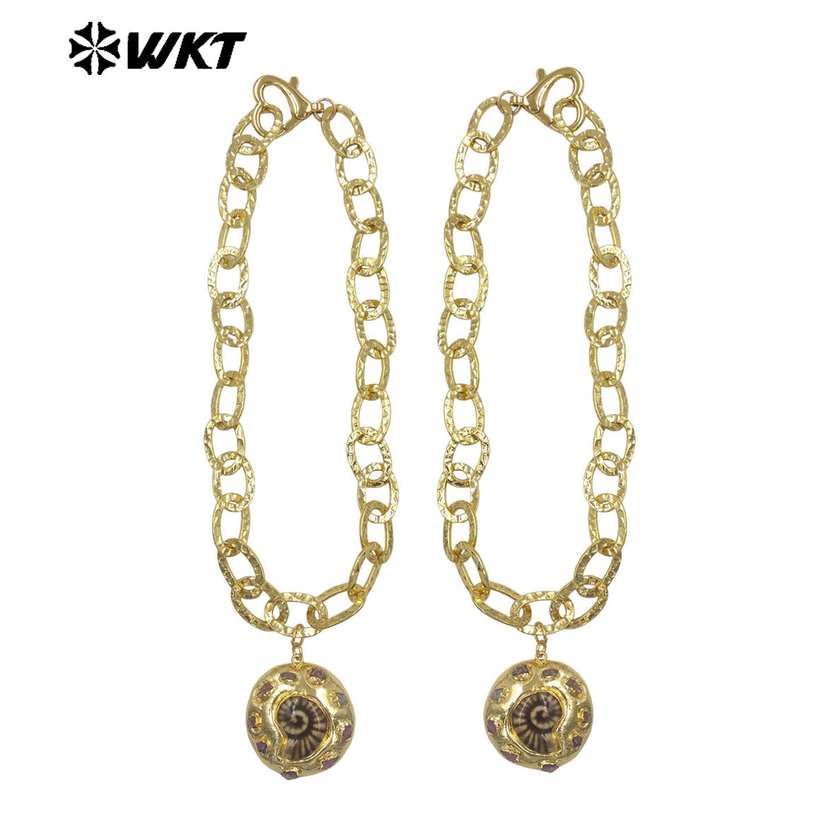 WT-JN373 Newest Simple Gold Plated Yellow Brass Thick Chain With Tourmaline And Ceramic Shell Shape Pendant Women Necklace