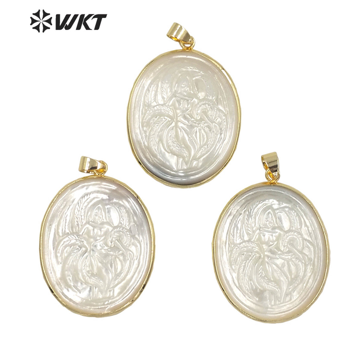 WT-JP245 Wholesale Amazing Beauty Sex Lady Image Pendant Natural White Shell Carved Fashion Gold Bezel Mermaids Pendant
