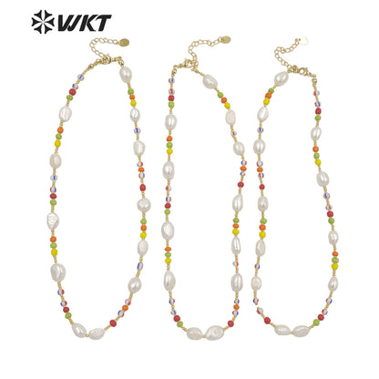 WT-JN199 Distinc Hand Strand Freshwater Pearl Beads Necklace for Lady Vintage Style Candy Ceramic White Pearl Vocation Necklace