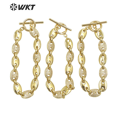 WT-MB119 Wholesale New Coffee Bean Cubic Zircon Chunky Chain Bracelet Europe 18k Real Gold Plated Big Chain Metal Bracelet