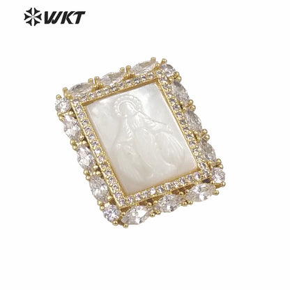 WT-MP145 New Natural MOP Shell Carved Virgin Mary square Pendant Fashion Gold Electroplated Cubic Zircon White Shell Pendants