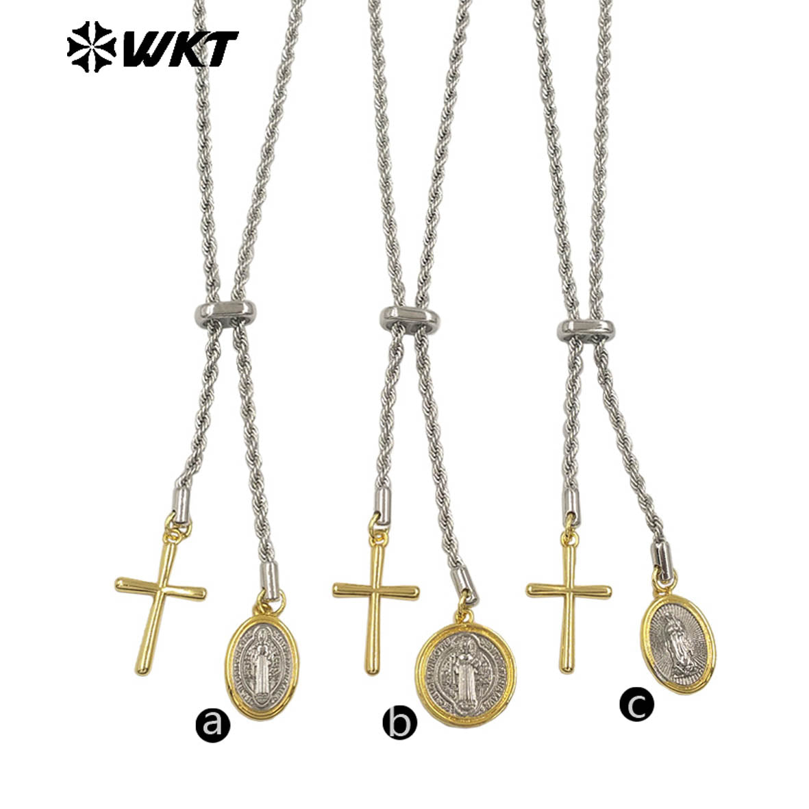 WT-JFN56 Religious Style Silver Chain With Yellow Brass Gold Plated Cross Round Charms Necklace As Ladies Daily Decorations