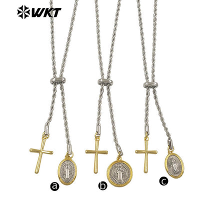 WT-JFN56 Religious Style Silver Chain With Yellow Brass Gold Plated Cross Round Charms Necklace As Ladies Daily Decorations
