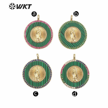 WT-MP272 Newest Vintage Style Ball Shaped Natural Malachite Stone &Cubic Zircon Madonna Design Pendant