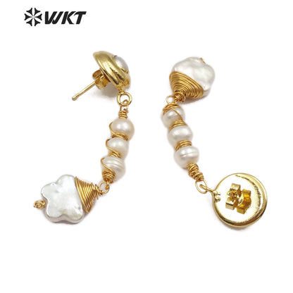 WT-E554 Easy Matching Women Jewelry Gold Thread Around Pearl Earrings Freshwater Pearl Earrings