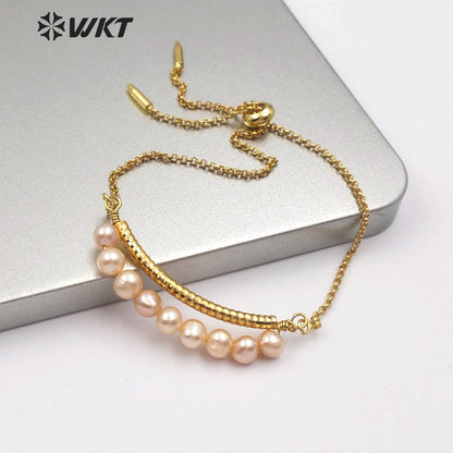 WT-B481 Wholesale Jewelry Pearls Strung in Bends Gold Bracelet Natural Freshwater Pearl Adjustable Bracelet Rose Gold Bracelet