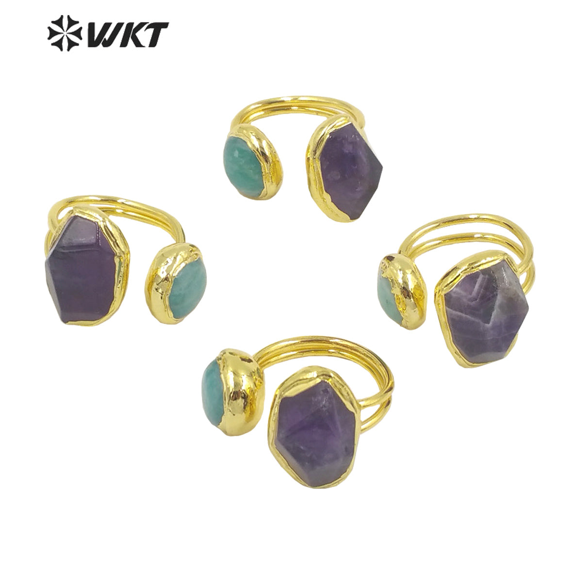 WT-R415 Charming Amethyst Amazonite Combination Ring Opening Adjustable Rings 18k Gold Plated Women Gifts Natural Stone Ring