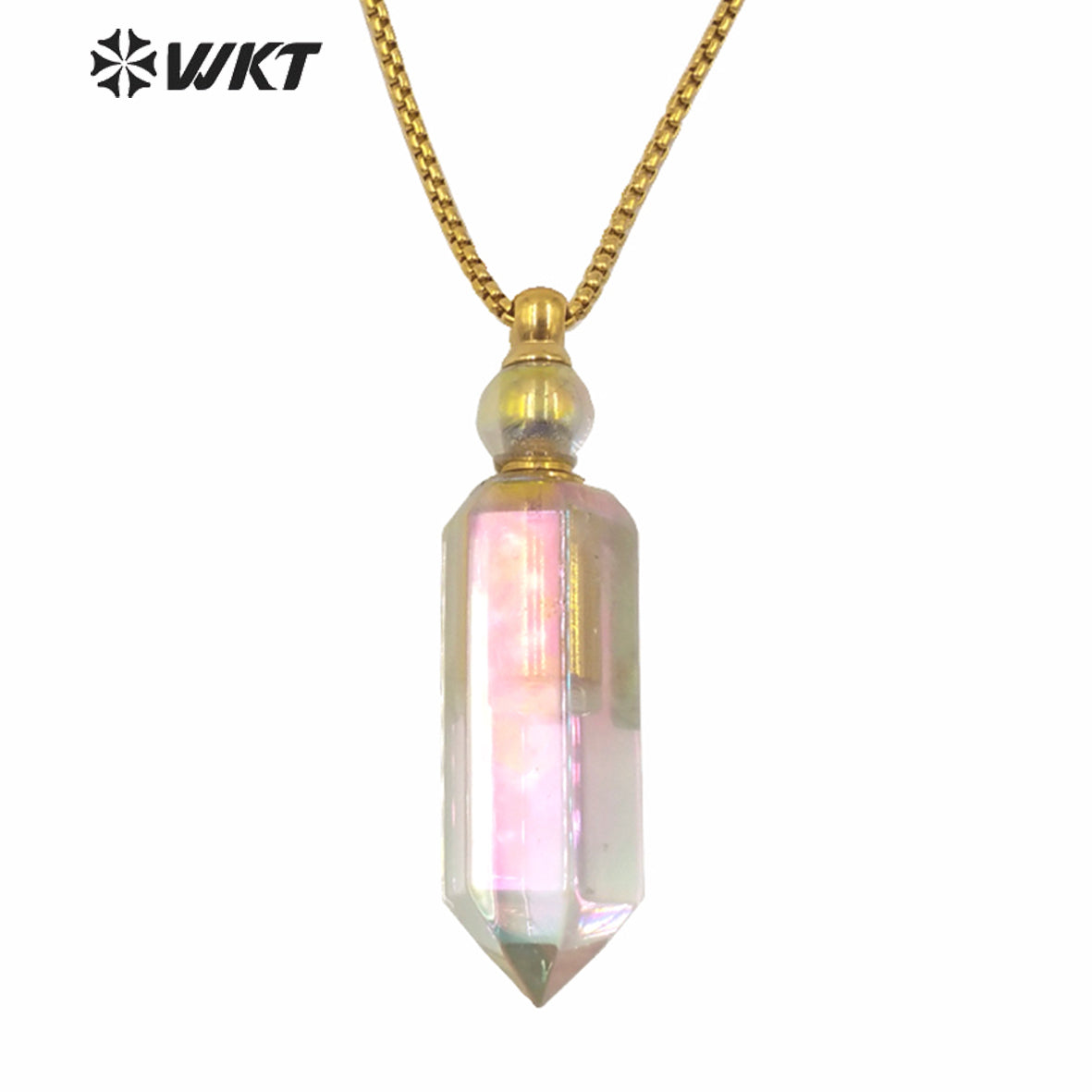 WT-N1261 Hot Sale Natural Crystal Quartz Point Essential Oil Necklace Stainless Steel Chain Natural Aura Perfume Bottle Necklace