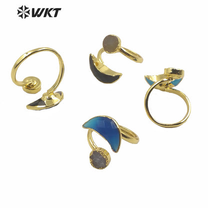 WT-R357 Wholesale Women Double Stone Cock Tail Ring Natural Gold Electroplated Druzy Agate Stone Ring Crescent Horn Stone Rings