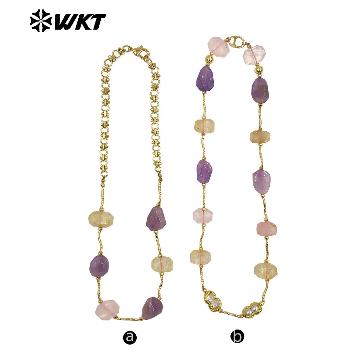 WT-N1492 Wonderful Design Lady Fashion Gorgeous Precious Natural Amethyst and Rose Quartz Cushion Stone Handmade Necklace