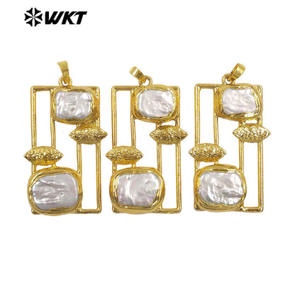 WT-JP434 Wonderful Gold Electroplated With Double Natural Freshwater Pearls Rectangle Pendant For Fashion Jewelry Handmade