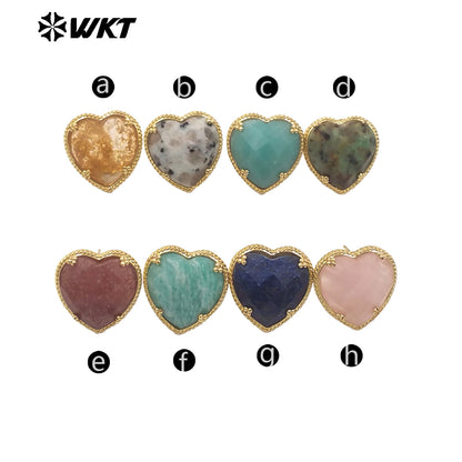 WT-E787 Newest Romantic Design Natural Gemstones Heart Studs Shape Amazonite Stone Gold Plated Women Lovely Jewelry Earrings