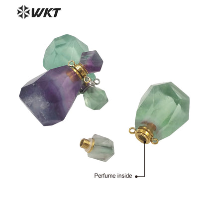 WT-P1670 WKT New Color Gorgeous Natural Rainbow Fluorite Stone Perfume Bottle Pendant with Stainless Steel Jewelry Findings