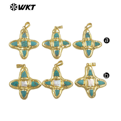 WT-P2036 Popular Sale Gold Electroplated Natural Turquoise And Pearl Pointed Cross Pendants As Handmade Necklace Accessory