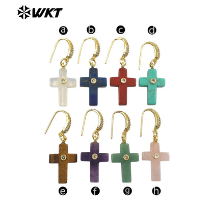 WT-E819 Popular Fashionable Zircon And Natural Gemstones Cross Design Gold Earrings As Female Wedding Matching Jewelry
