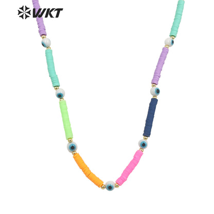 WT-JN207 Fashion Gold rainbow 6mm Space Beads Necklace Healing Turkish Eye Necklace Women Religious 16 Inch Long Choker Necklace