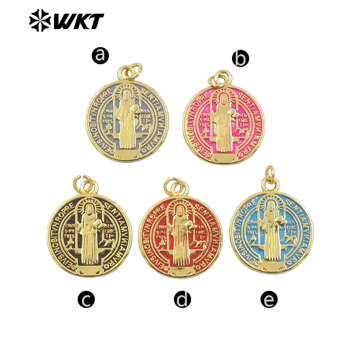 WT-MP294 Unique Spring Design Round 18K Real Gold Plated Brass Medal Christian Religious St Benedict Pendants