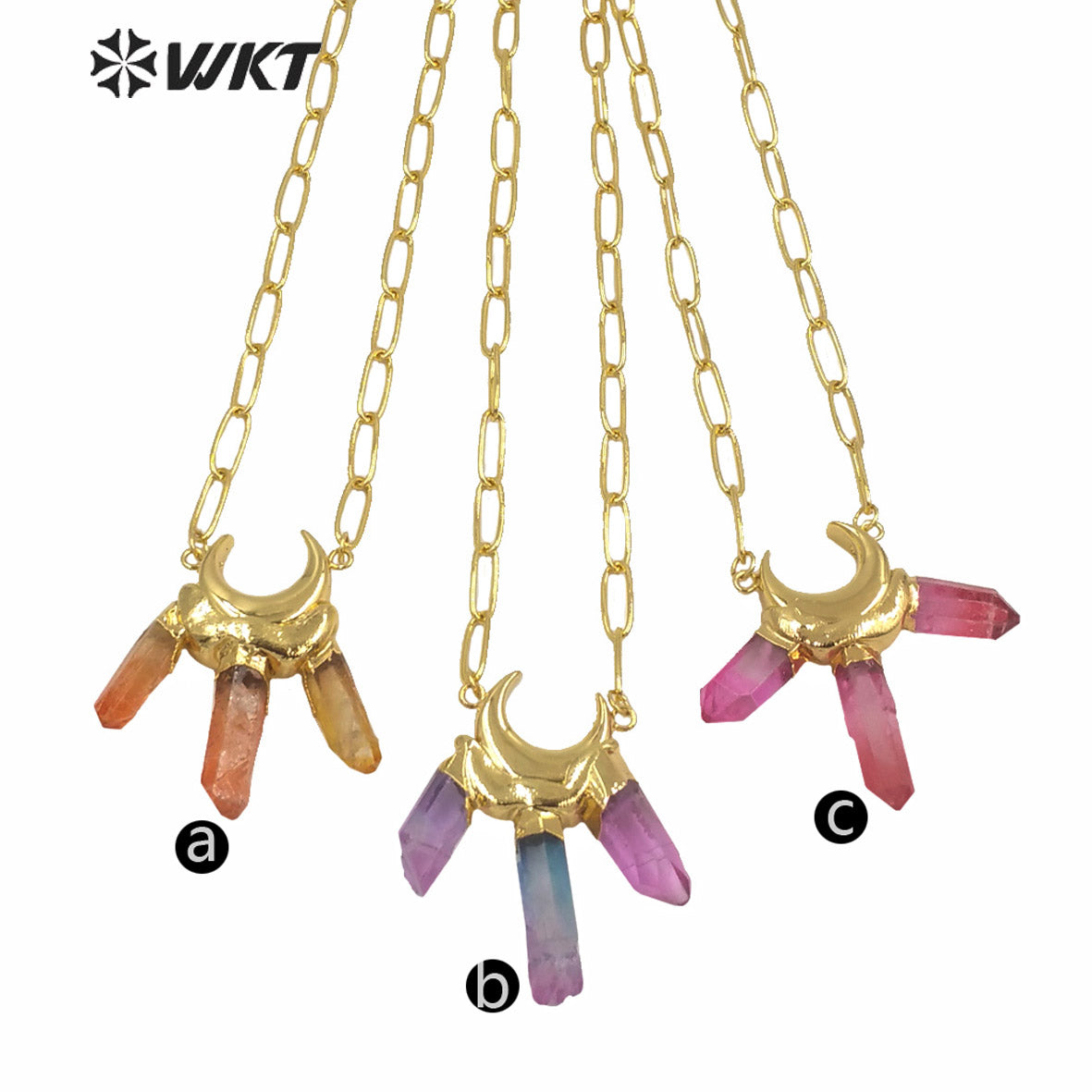 WT-N1251Wholesale New Rainbow Colorful Aura Quartz Statement Stone Necklace Fashion Triple Color Quartz Pendant Stone Necklace