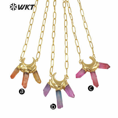 WT-N1251Wholesale New Rainbow Colorful Aura Quartz Statement Stone Necklace Fashion Triple Color Quartz Pendant Stone Necklace