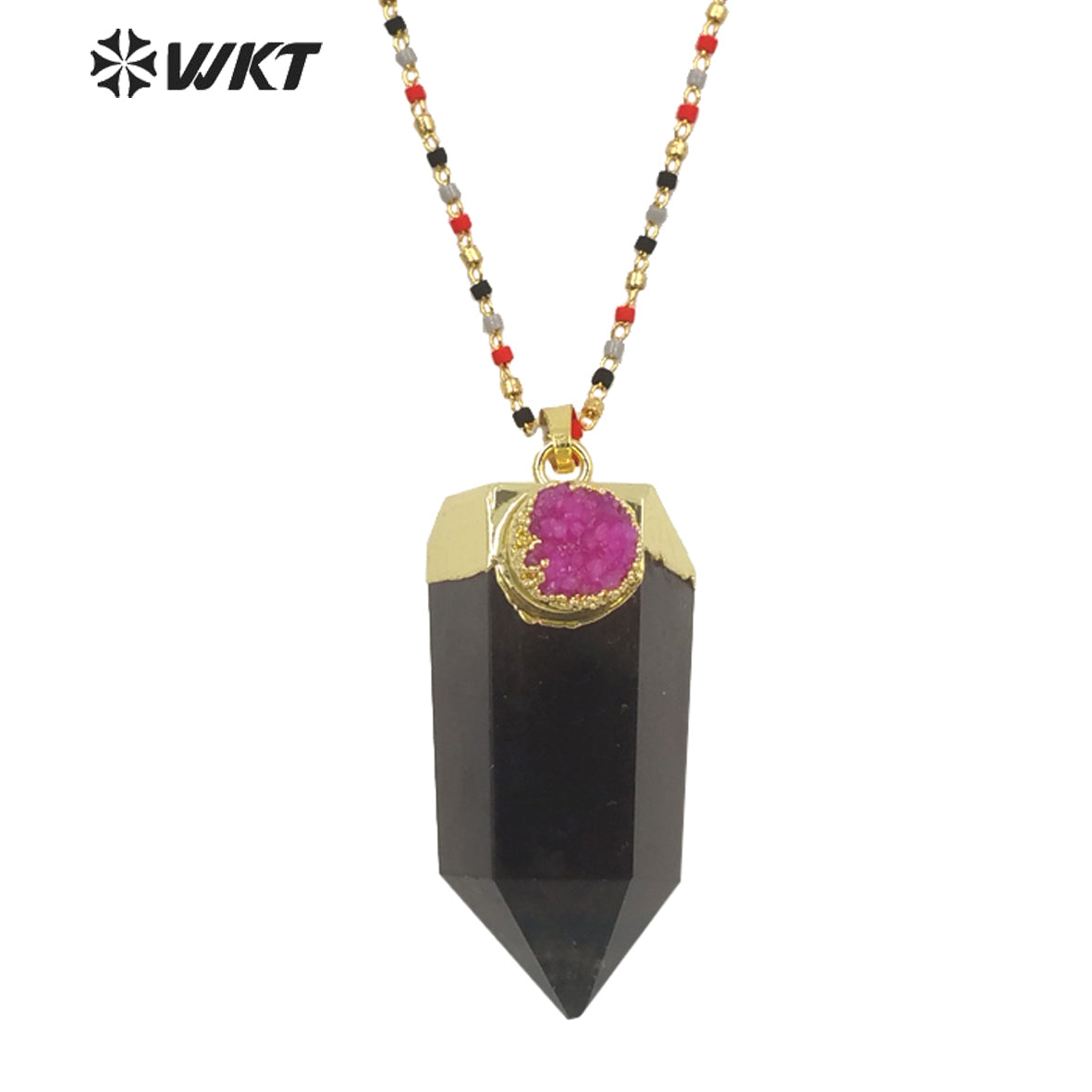 WT-N1289 Charming 18k Real Gold Plated Smoky Quartz with Druzy Hexagon Quartz Point Necklace Populared Spirit Quartz Necklace