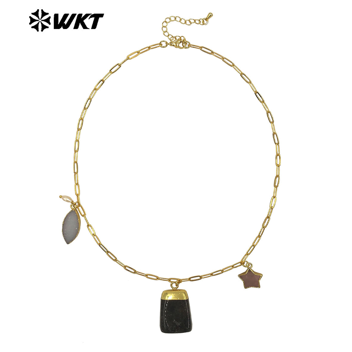 WT-N1489 Unique Design Natural Gemstones Necklace Gold Plated Chain With Three Stone Charms for Ladies Fashion Jewelry Gift