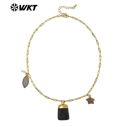WT-N1489 Unique Design Natural Gemstones Necklace Gold Plated Chain With Three Stone Charms for Ladies Fashion Jewelry Gift